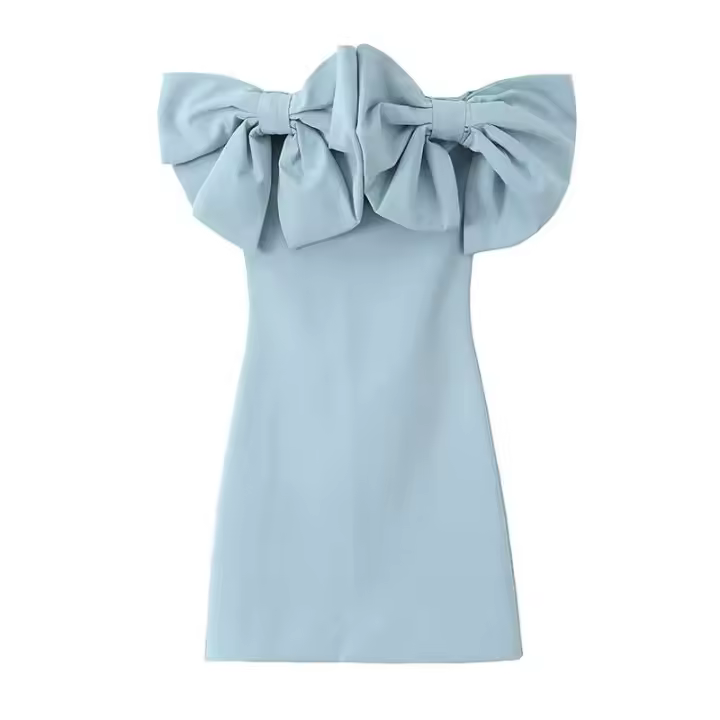 Vestido Mini de Moda para Mujer con Lazo Azul Vestido Chic sin Mangas y sin Correa con Lazo Retro - 1