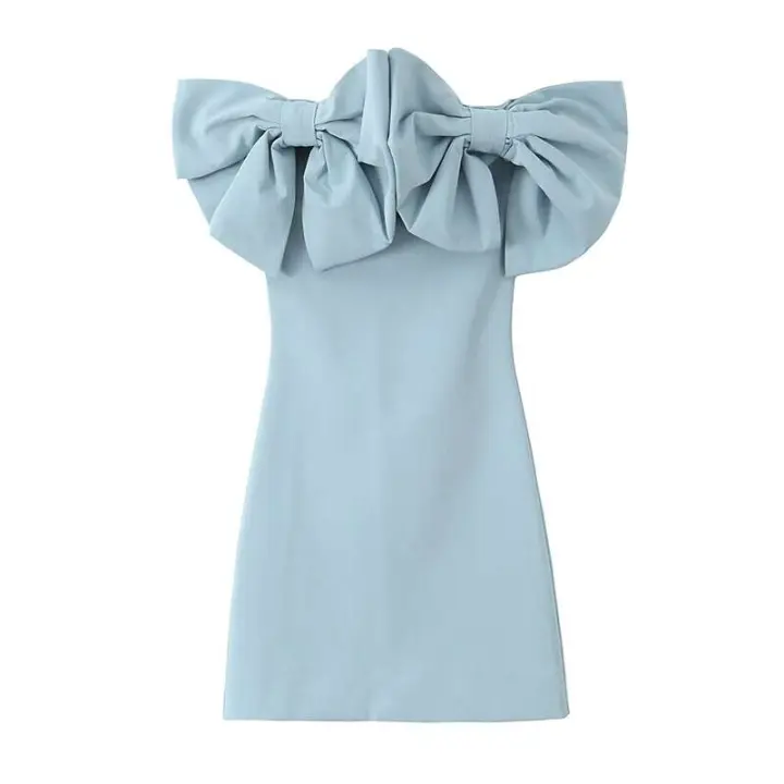 Vestido Mini de Moda para Mujer con Lazo Azul Vestido Chic sin Mangas y sin Correa con Lazo Retro - 1