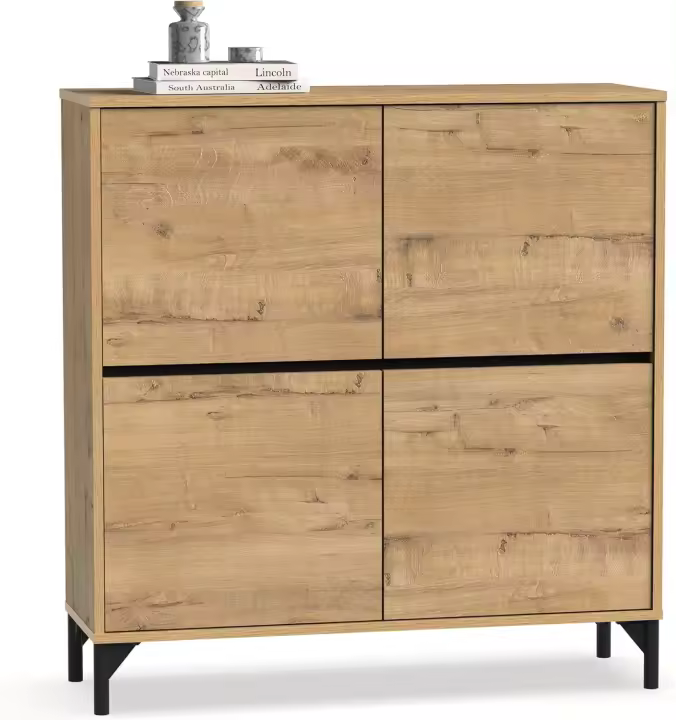 Recibidor Zapatero Mueble Auxiliar para Entrada con Patas, 4 Puertas, Blanco y Roble Cambrian, 20 Pares de Zapatos, Tallas Grandes, 101x96,5x33cm, Moderno, Industrial, Modelo Kioto - 1