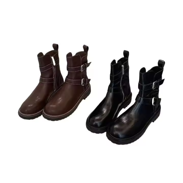 Nuevas botas cortas de longitud media alta con cordones de otoño e invierno, tacones gruesos para mujer, zapatos con hebilla de cuero de metal - 1