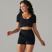 Hamidou-Conjunto de ropa deportiva sin costuras para mujer, Leggings de cintura alta, camisetas de manga corta, pantalones cortos, conjunto de 2 piezas, ropa de gimnasio - details 16