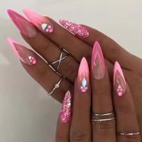 Juego De 24 Uñas Postizas En Arco Iris Y Gradient Long Pointed Acrílicas Removibles Estilo Francés Cobertura Total Para Fiesta - details 7