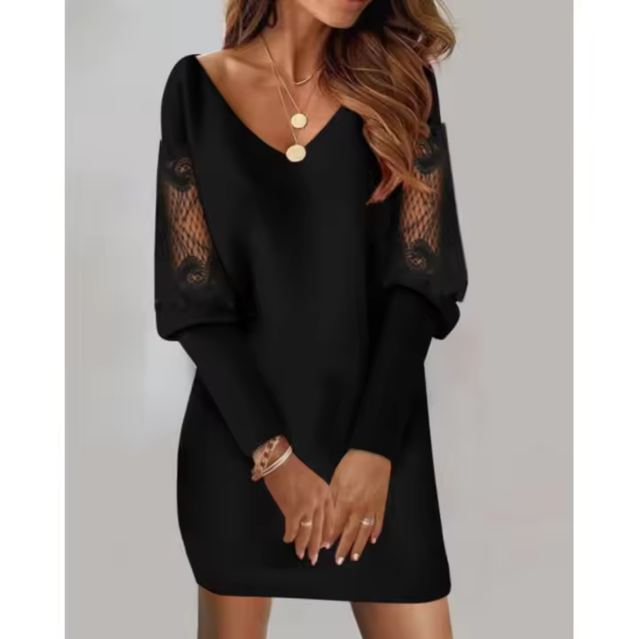 Parche de malla de encaje transparente para mujer,Vestido de retazos Casual de manga larga con cuello - 1