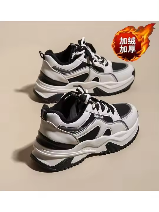 Zapatos deportivos casuales cálidos de terciopelo de invierno para mujer, zapatos casuales de papá con suela gruesa - 1