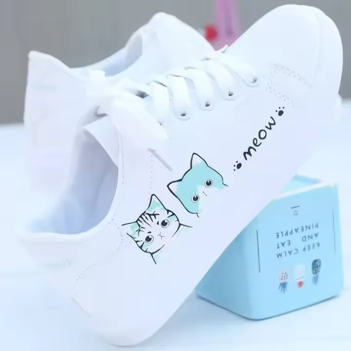 Zapatillas de deporte con cordones para mujer, zapatos informales con estampado de gato, de Pu, para verano, 2025 - 1