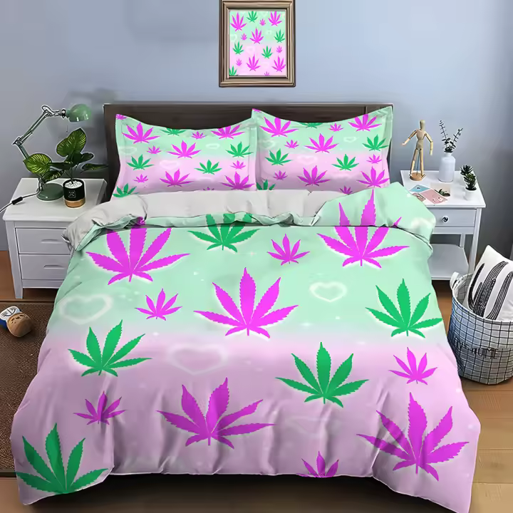Juego de Ropa de Cama de Lujo con Estampado de Hojas Psicodélicas Funda de Edredón, Fundas de Almohadas de Poliéster para Adultos y Niños - 1