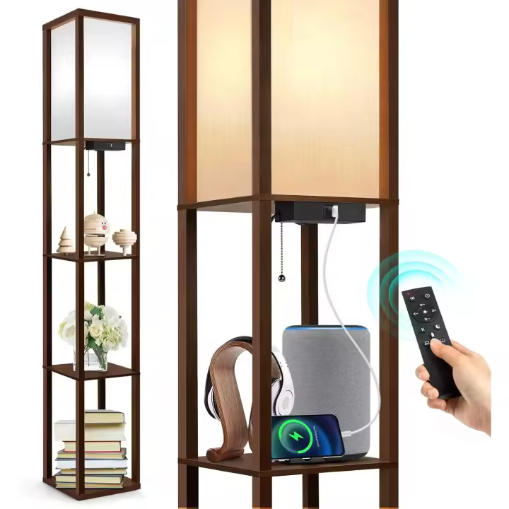 Lámpara de Pie, Puerto de Carga y Control Remoto, Estante de Madera, LED Regulable de 4 Temperaturas de Color, Incluye Bombilla, para Salón, Dormitorio y Oficina, Decoración Vintage - 1