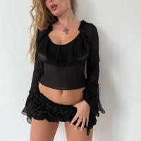 BUNO-Conjunto de 2 piezas con transparencias de gato extraño para mujer, Tops cortos con solapa y cuello oblicuo y manga acampanada + minifaldas ajustadas con niveles, traje elegante de tendencia - details 15