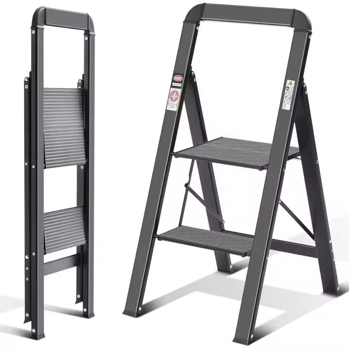 peldaños Plegable de Aluminio, Escalera Doméstica Estrecha con Pasamanos, Mecanismo Antiplegado, Uso Hogar Cocina Despensa Oficina, Ahorro de Espacio y Portátil, Plata - 1