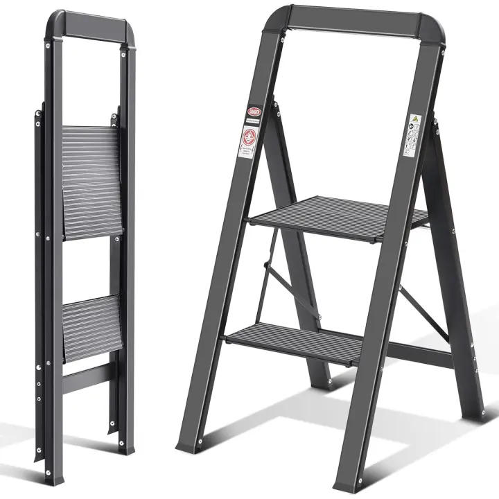 peldaños Plegable de Aluminio, Escalera Doméstica Estrecha con Pasamanos, Mecanismo Antiplegado, Uso Hogar Cocina Despensa Oficina, Ahorro de Espacio y Portátil, Plata - 1