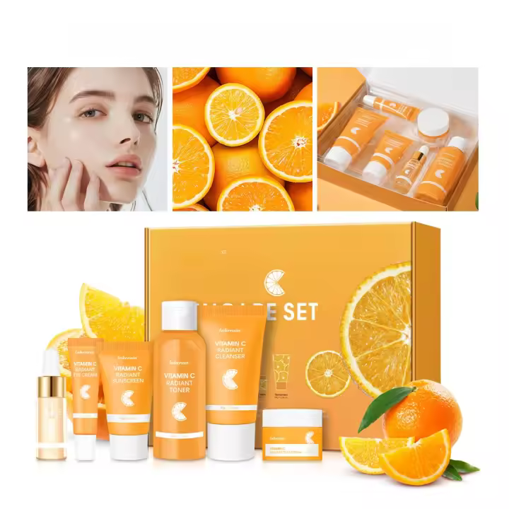 Conjunto de Cuidado de la Piel de Vitamina C de 6 Piezas Incluye Toner, Sérum, Crema para los Ojos, Crema Facial, Protector Solar, Limpiador de Piel Húmedo - 1