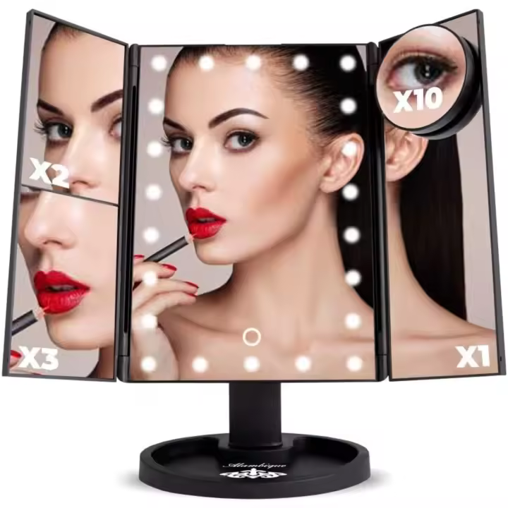 Espejo de maquillaje con luz LED 22 luces Ampliación x1 x2 x3 x10 Pantalla táctil de triple pliegue con batería o cable USB incluido | - 1