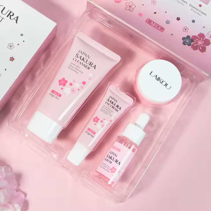 Conjunto de Cuidado de la Piel de Sakura LAIKOU Limpiador Facial, Crema de Ojos, Crema Facial, Sérum, Lótion, Toner para Hidratación y Iluminación - 1