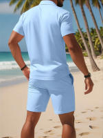 Traje casual de verano para hombre: polo ligero de manga corta para golf y pantalones cortos con cordón de color sólido con bolsillos - details 6