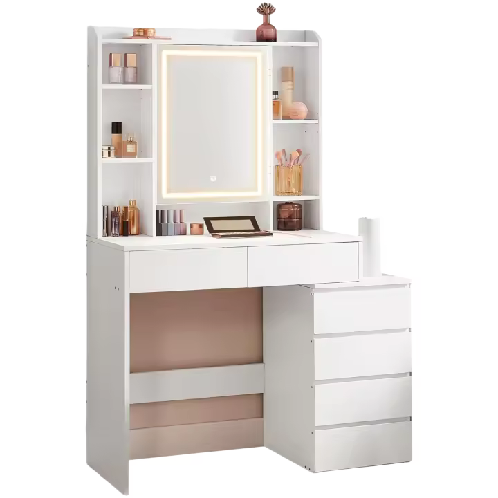Brillo Mesa Ajustable Maquillaje con Espejo Compartimentos Abiertos Estantes Estación Ajustable Maquillaje Morno Nube RDT124W01 - 1