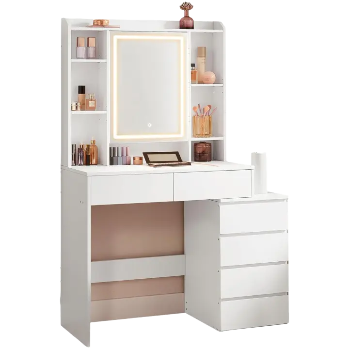 Brillo Mesa Ajustable Maquillaje con Espejo Compartimentos Abiertos Estantes Estación Ajustable Maquillaje Morno Nube RDT124W01 - 1