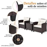 Conjunto de jardín exterior de ratán de 3 piezas, 1 mesa auxiliar de vidrio templado y 2 sillas con cojines, muebles de jardín terraza balcón exterior (negro) - details 48