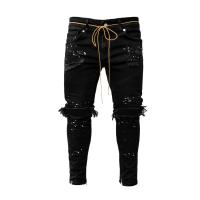 Nuevo 2025 pantalones vaqueros rasgados con agujeros para hombres, pantalones Cargo de Hip Hop, pantalones vaqueros desgastados, ropa ajustada para hombres, pantalones ajustados de longitud completa para hombre - details 3