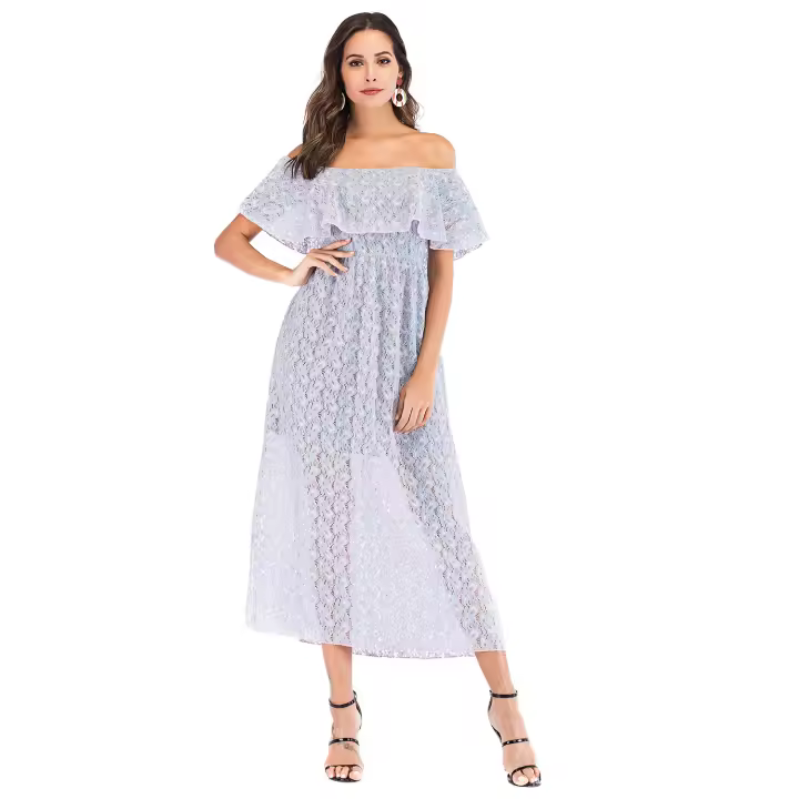 Vestido de Moda para Mujeres Embarazadas Primavera/Verano 2025 Cuello de Encaje Grande, Cintura Elástica, Borde de Hoja de Loto - 1