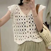 Camiseta de Crochet Transparente Manga sin Capas, Cuello en V, Botones Frontales - details 0