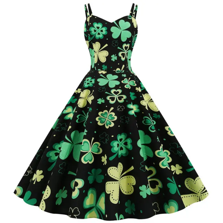 Spaghetti strap summer women green floral print high waist slim elegant vintage a-line midi dress - 1