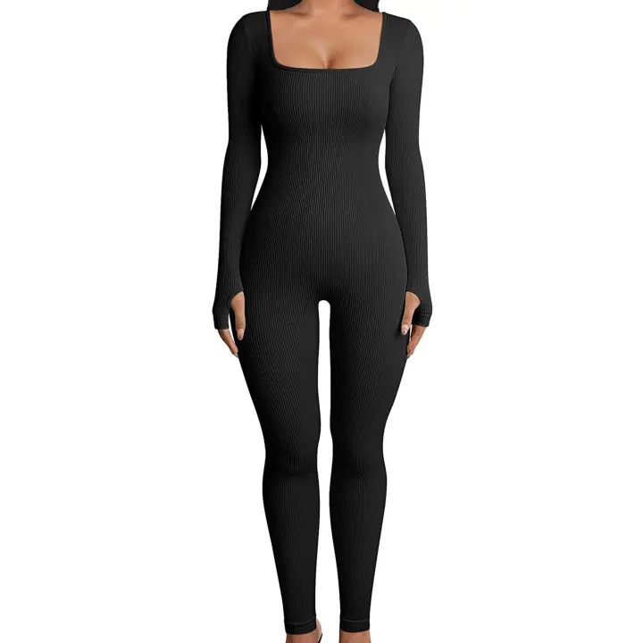 Mono Negro Sexy Ajustado para Mujer 2025 Romper de Cuerpo Conjunto con Manga Larga de Cuadros con Ribón - 1