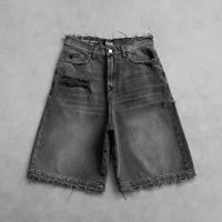 Pantalones Cortos de Denim Rasgados Estilo Hip Hop Verano Negro, Diseño Relajado Callejero Vintage con Borde Raw - details 1