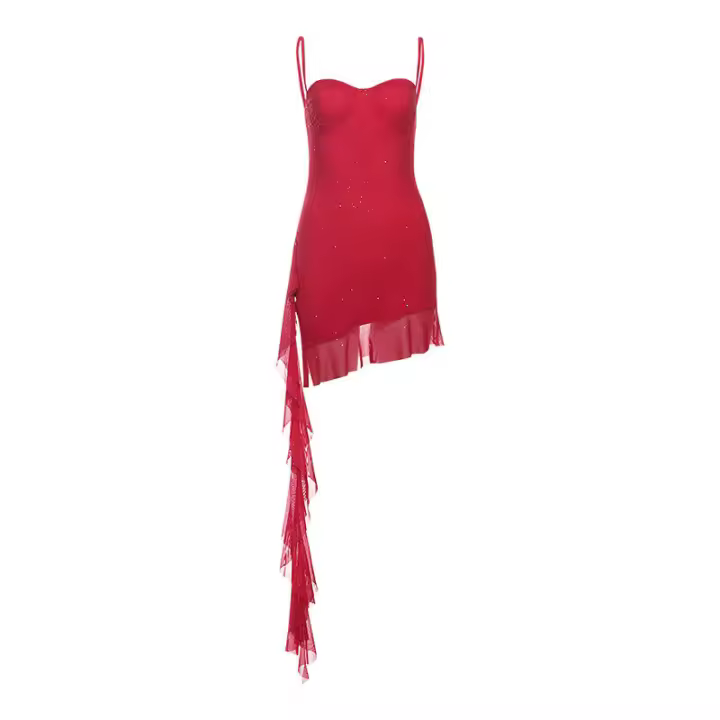 BUNO-Minivestido Sexy con volantes y purpurina para mujer, vestido asimétrico rojo con espalda descubierta para fiesta y playa, vestidos ajustados para primavera y verano 2025 - 1