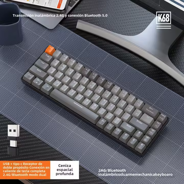 Teclado Mecánico Inalámbrico Ziyoulang K68 Mini 60% Bluetooth, Doble Modo, Hot-swap, Para PC/iPhone/iPad, 68 Teclas Rojas - 1