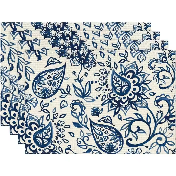 4 manteles individuales de cachemira beige, manteles de poliéster de 12x18 pulgadas con motivos florales azules, utilizados para restaurantes de primavera y - 1