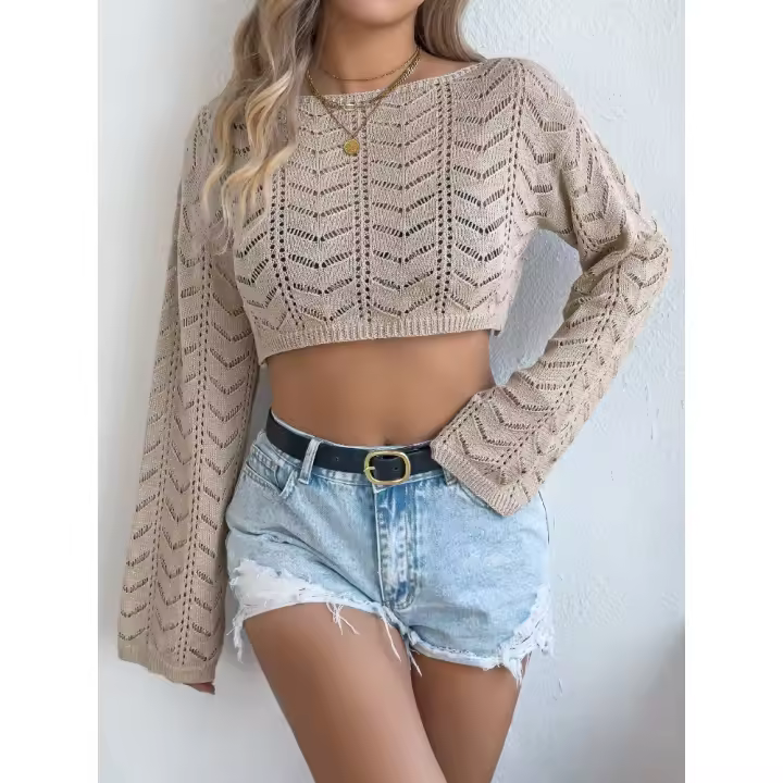 Jersey de Manga Larga para Mujer Cuello Redondo, Detalle Hueco, Tejido Suave y Ligero - 1