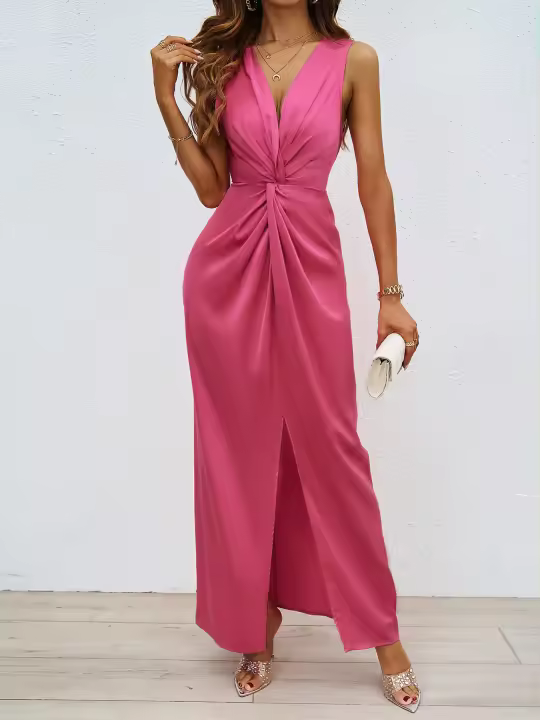 Vestido ajustado con abertura y cuello en V, elegante, sin mangas, retorcido, para mujer, verano 2025 - 1