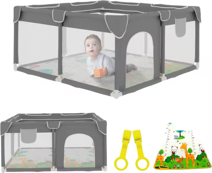 Parque Infantil Bebe 120x120cm + Alfombra Bebe – Corralito Bebe con Malla Transpirable – Parque de Juegos Bebe Plegable con Puerta Lateral – Parque Bebe - Gris - 1