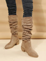 Nuevas botas plisadas de invierno para mujer, botas altas Martin de talla grande, botas de montar de tacón grueso de gamuza - details 2