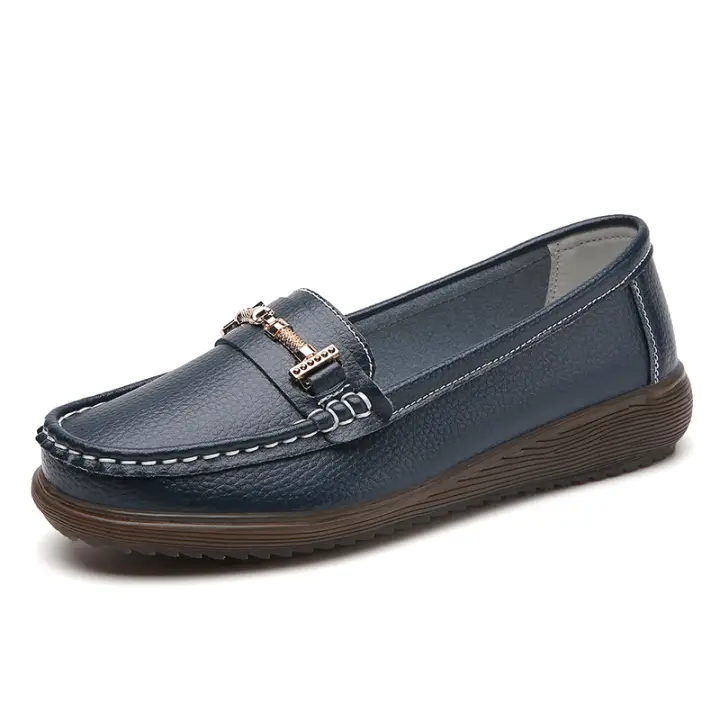 Mocasines planos de cuero con hebilla de Dios para mujer, zapatos sin cordones para caminar, color azul - 1