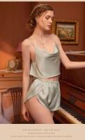 Conjunto de pijama con cuello en V y tirantes para mujer, pijama sexy, ropa interior de satén, 2 piezas - details 15