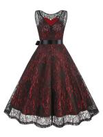 Vestido de Encaje con Cuello Redondo Retro de Ouwu Sin Mangas, Cinturón Enchufable, Estilo Vintage para Mujeres Perfecto para Fiesta de Halloween o Cumpleaños - details 2