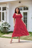 Vestido de manga corta fruncido con cuello cuadrado y espalda descubierta a la moda para mujer - details 17
