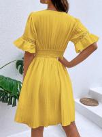 Vestido Blanco Puro de Verano Cintura de Encaje con Parche de Moda Cuello en V Manga Corta - details 10