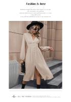 Vestido de manga larga con cuello en V para mujer, vestido dividido, línea A, color albaricoque, Surplice, otoño - details 3