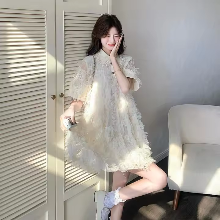Vestido de Parche de Flecos de Alta Gama para Mujer Verano 2025 Estilo Francés, Vibe de Princesa Joven - 1