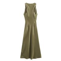 Vestido largo plisado sin mangas para mujer, prenda de seda con textura satinada, cuello redondo, elegante y a la moda - details 11