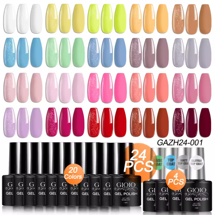 Juego de esmaltes de uñas de gel de 24 piezas con nueva base superior con purpurina, kit de capa superior mate, azul, amarillo, verde, rojo, color brillante, juego de manicura de esmalte de uñas de gel adecuado para todas las estaciones, salón de uñas en - 1