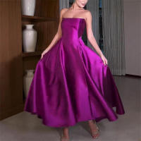 Vestido largo de fiesta elegante sin mangas de satén con volantes - details 1