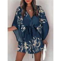 Traje de baño para mujer Vestido de playa estampado con cordón3/4MangaVMini falda de playa con Cuello estilo bohemio - details 3