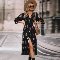 Vestidos de manga larga con estampado de plumas, cuello en V, moda primavera y otoño, nuevo vestido dividido de corte A para mujer - details 1
