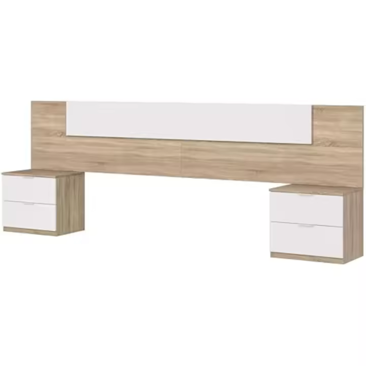 Cabecera + Dos Mesitas de Noche, Cabecera y Mesitas, Modelo Alaya, Acabado Blanco Artik y Roble Canadiense, Medidas: 247 cm (Ancho) x 50 cm (Alto) x 38 cm (Fondo) - 1