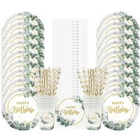 Juego de vajilla desechable de hoja de eucalipto verde, plato de papel, taza, servilleta, decoración para fiesta de feliz cumpleaños, suministros de baño para bebé, 85 Uds. - details 4
