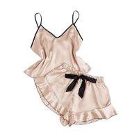 Pijama de satén liso para mujer, camiseta con cuello en V, pantalones cortos con lazo con volantes, conjunto de pijama sencillo y transpirable - details 11
