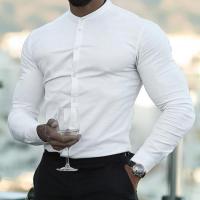 Camisa casual deportiva de manga larga para hombre, color sólido, delgada, ligeramente elástica, con botones - details 0